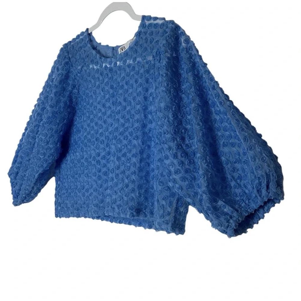Zara Top Women's Small Blue Floral‎ Roae Bud Tulle Puff Sleeve Cropped Formal
